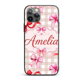 Watercolor Red and Pink Ribbon Bows Beige Gingham Custom Name Protective Phone Case Mobile Cover Durable Everyday Smartphone Shock Resistant