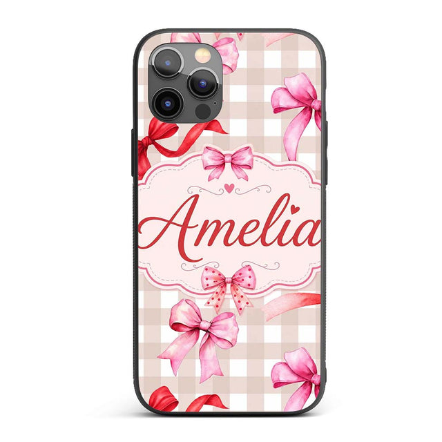 Watercolor Red and Pink Ribbon Bows Beige Gingham Custom Name Protective Phone Case Mobile Cover Durable Everyday Smartphone Shock Resistant