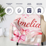Watercolor Red and Pink Ribbon Bows Beige Gingham Check Background  Personalised Custom Name Super Soft Fleece Blanket Bed Sofa Throw