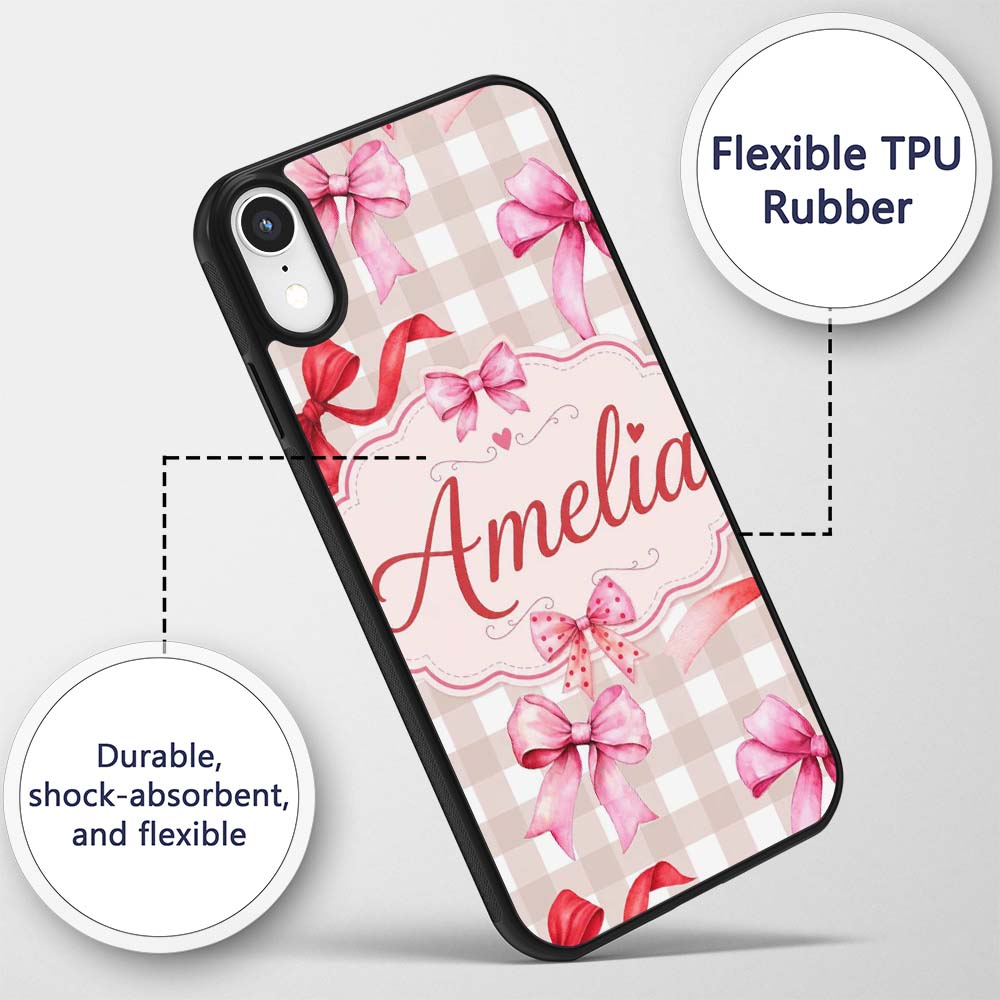 Watercolor Red and Pink Ribbon Bows Beige Gingham Custom Name Protective Phone Case Mobile Cover Durable Everyday Smartphone Shock Resistant