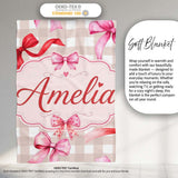 Watercolor Red and Pink Ribbon Bows Beige Gingham Check Background  Personalised Custom Name Super Soft Fleece Blanket Bed Sofa Throw
