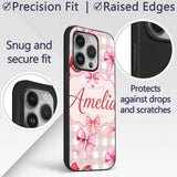 Watercolor Red and Pink Ribbon Bows Beige Gingham Custom Name Protective Phone Case Mobile Cover Durable Everyday Smartphone Shock Resistant