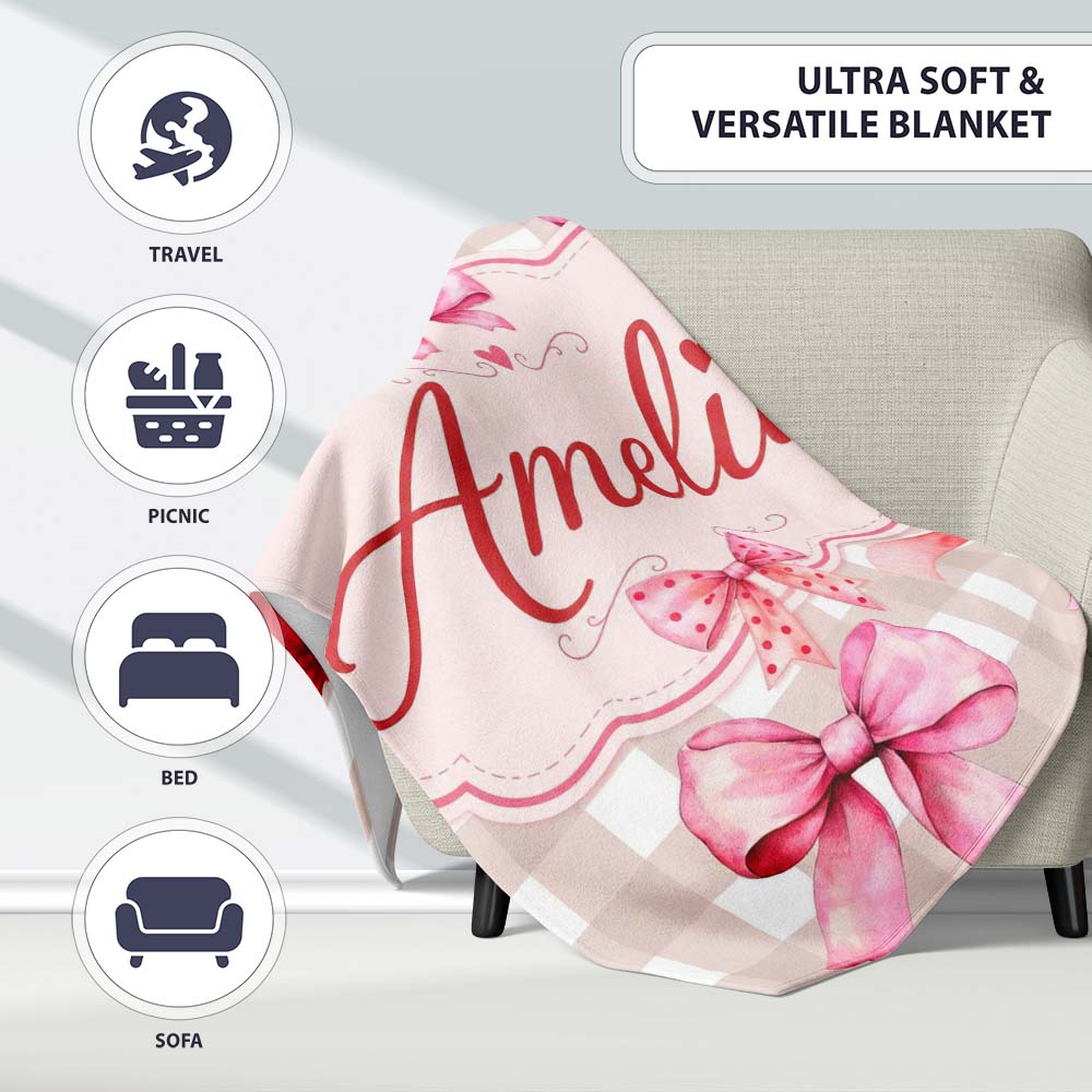Watercolor Red and Pink Ribbon Bows Beige Gingham Check Background  Personalised Custom Name Super Soft Fleece Blanket Bed Sofa Throw