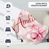 Watercolor Red and Pink Ribbon Bows Beige Gingham Check Background  Personalised Custom Name Super Soft Fleece Blanket Bed Sofa Throw