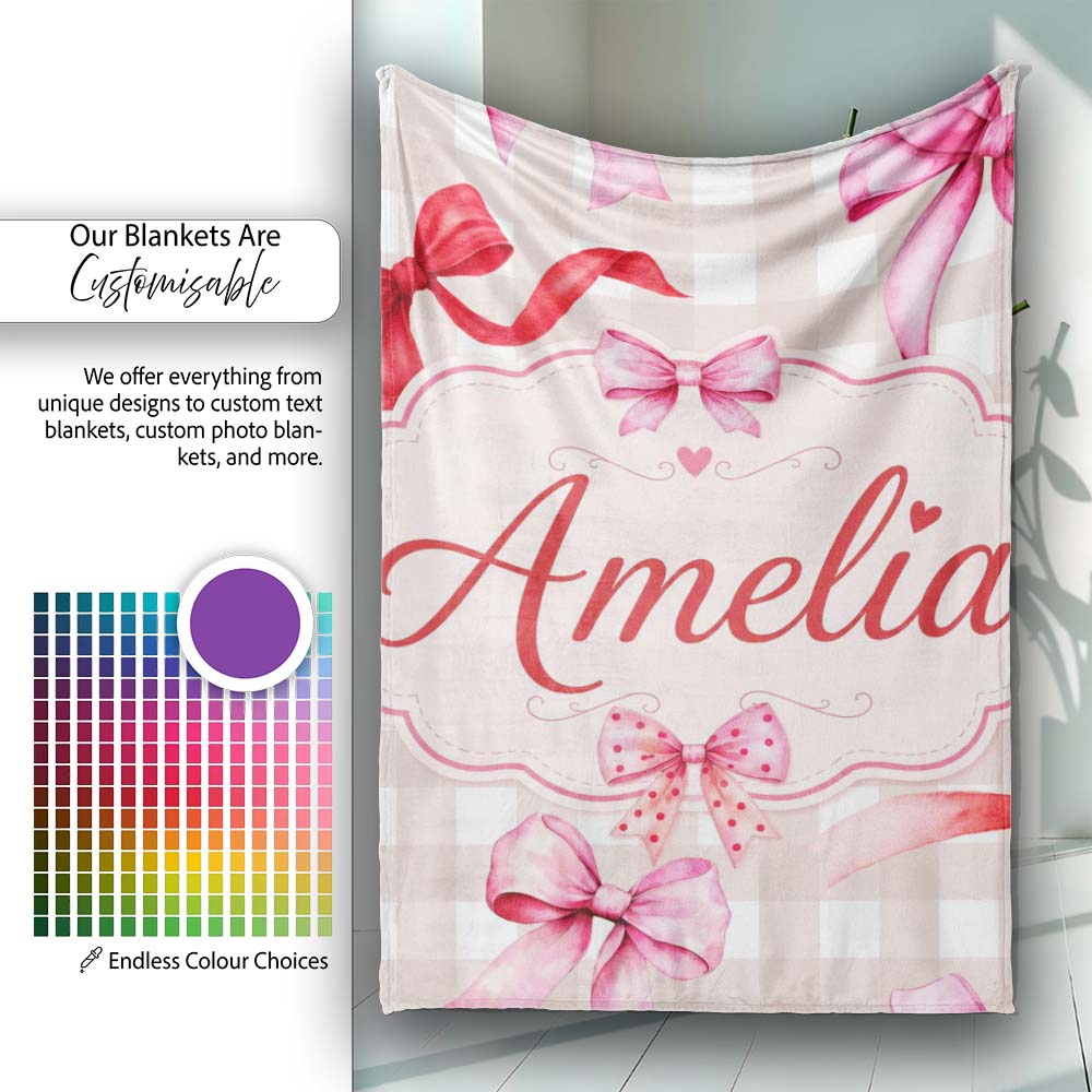 Watercolor Red and Pink Ribbon Bows Beige Gingham Check Background  Personalised Custom Name Super Soft Fleece Blanket Bed Sofa Throw