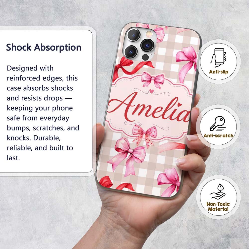 Watercolor Red and Pink Ribbon Bows Beige Gingham Custom Name Protective Phone Case Mobile Cover Durable Everyday Smartphone Shock Resistant