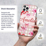 Watercolor Red and Pink Ribbon Bows Beige Gingham Custom Name Protective Phone Case Mobile Cover Durable Everyday Smartphone Shock Resistant
