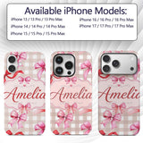Watercolor Red and Pink Ribbon Bows Beige Gingham Custom Name Protective Phone Case Mobile Cover Durable Everyday Smartphone Shock Resistant
