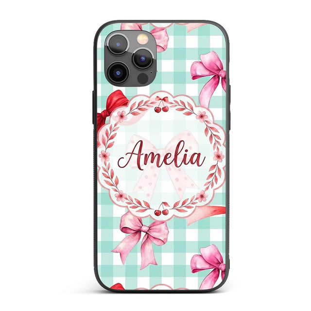Watercolor Red and Pink Ribbon Bows Mint Gingham Custom Name Protective Phone Case Mobile Cover Durable Everyday Smartphone Shock Resistant