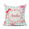 Custom Name Watercolor Red and Pink Bows Mint Gingham Background Square Filled Cushion Throw Pillow Sofa Bed Home Decor Zip Washable UK Made