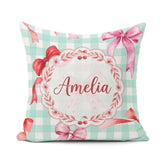 Custom Name Watercolor Red and Pink Bows Mint Gingham Background Square Filled Cushion Throw Pillow Sofa Bed Home Decor Zip Washable UK Made