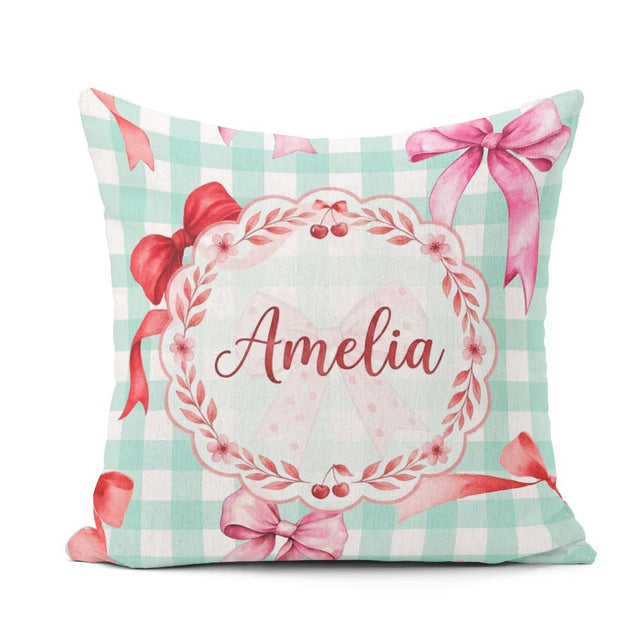 Custom Name Watercolor Red and Pink Bows Mint Gingham Background Square Filled Cushion Throw Pillow Sofa Bed Home Decor Zip Washable UK Made