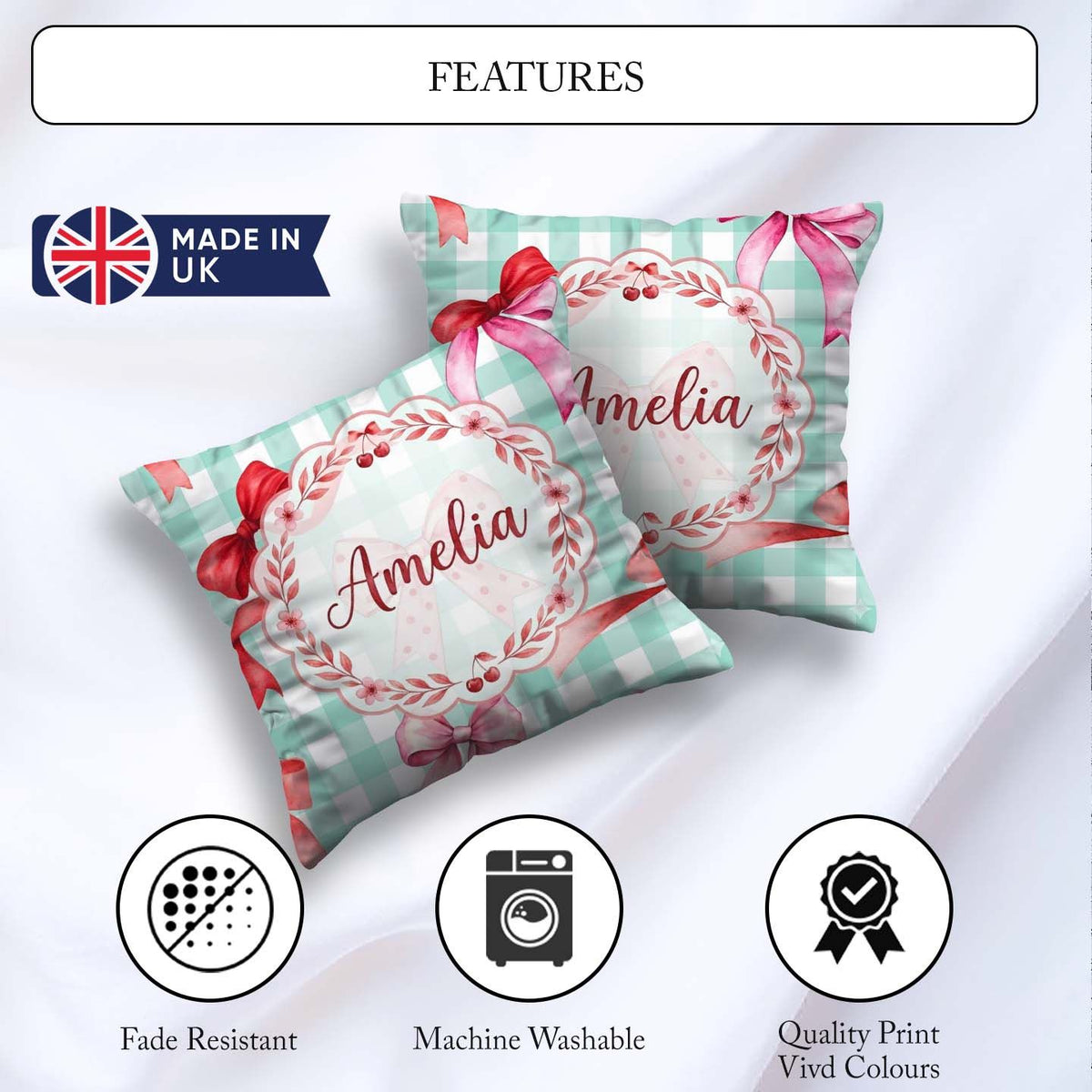 Custom Name Watercolor Red and Pink Bows Mint Gingham Background Square Filled Cushion Throw Pillow Sofa Bed Home Decor Zip Washable UK Made