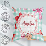 Custom Name Watercolor Red and Pink Bows Mint Gingham Background Square Filled Cushion Throw Pillow Sofa Bed Home Decor Zip Washable UK Made