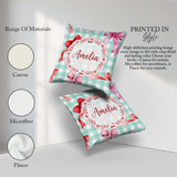 Custom Name Watercolor Red and Pink Bows Mint Gingham Background Square Filled Cushion Throw Pillow Sofa Bed Home Decor Zip Washable UK Made