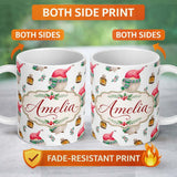 Personalized Custom Name Cute Christmas Gnome Lantern Winter Holiday Seamless Pattern Lovely 11oz Ceramic Coffee Tea Mug White Large Handle