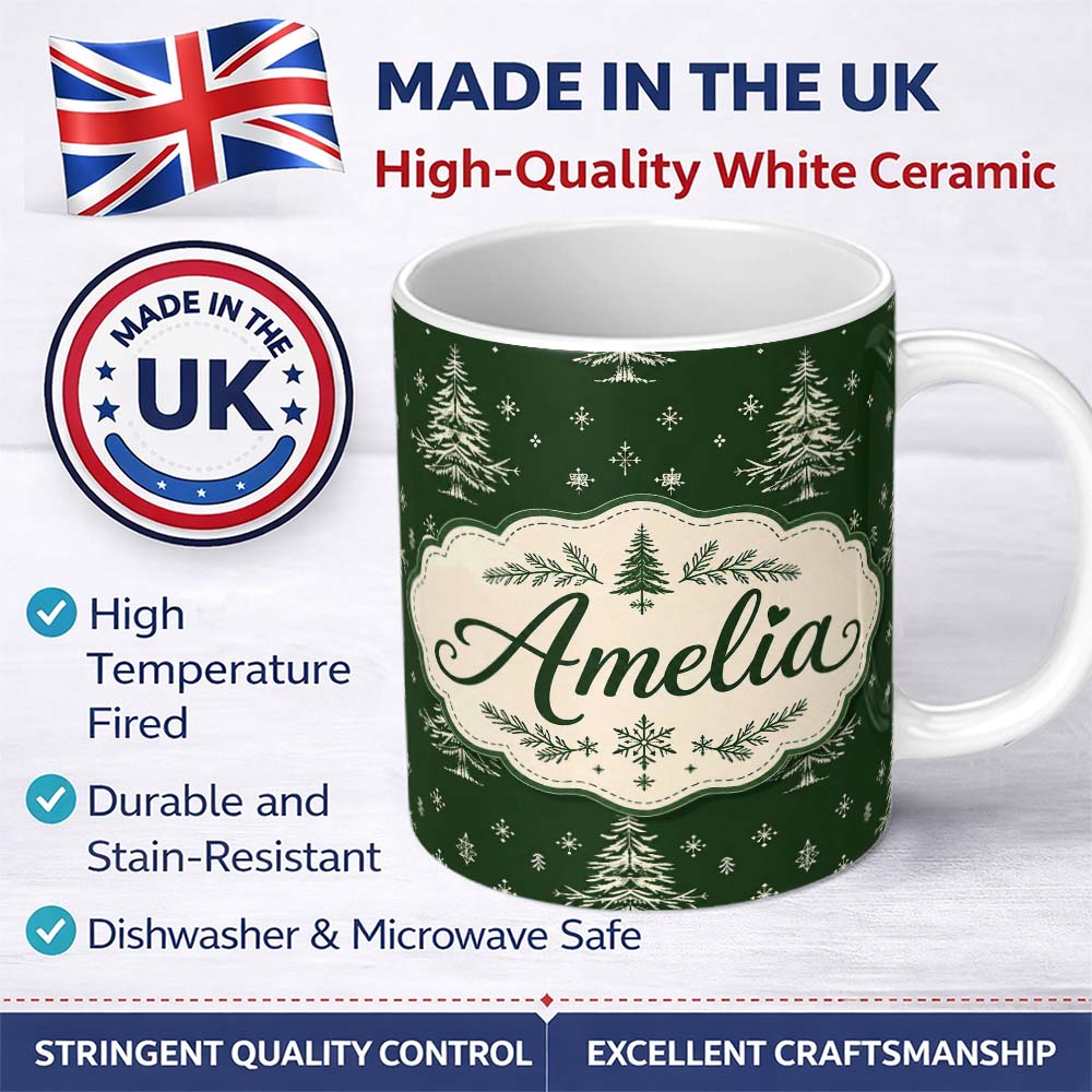 Personalized Custom Name Vintage White Christmas Trees and Snowflakes Green Seamless Pattern 11oz Ceramic Coffee Tea Mug White Large Handle