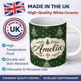 Personalized Custom Name Vintage White Christmas Trees and Snowflakes Green Seamless Pattern 11oz Ceramic Coffee Tea Mug White Large Handle