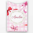 Watercolor Red and Pink Ribbon Bows Pink Gingham Check Background  Personalised Custom Name Super Soft Fleece Blanket Bed Sofa Throw