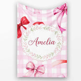 Watercolor Red and Pink Ribbon Bows Pink Gingham Check Background  Personalised Custom Name Super Soft Fleece Blanket Bed Sofa Throw