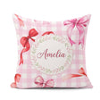 Custom Name Watercolor Red and Pink Bows Pink Gingham Background Square Filled Cushion Throw Pillow Sofa Bed Home Decor Zip Washable UK Made