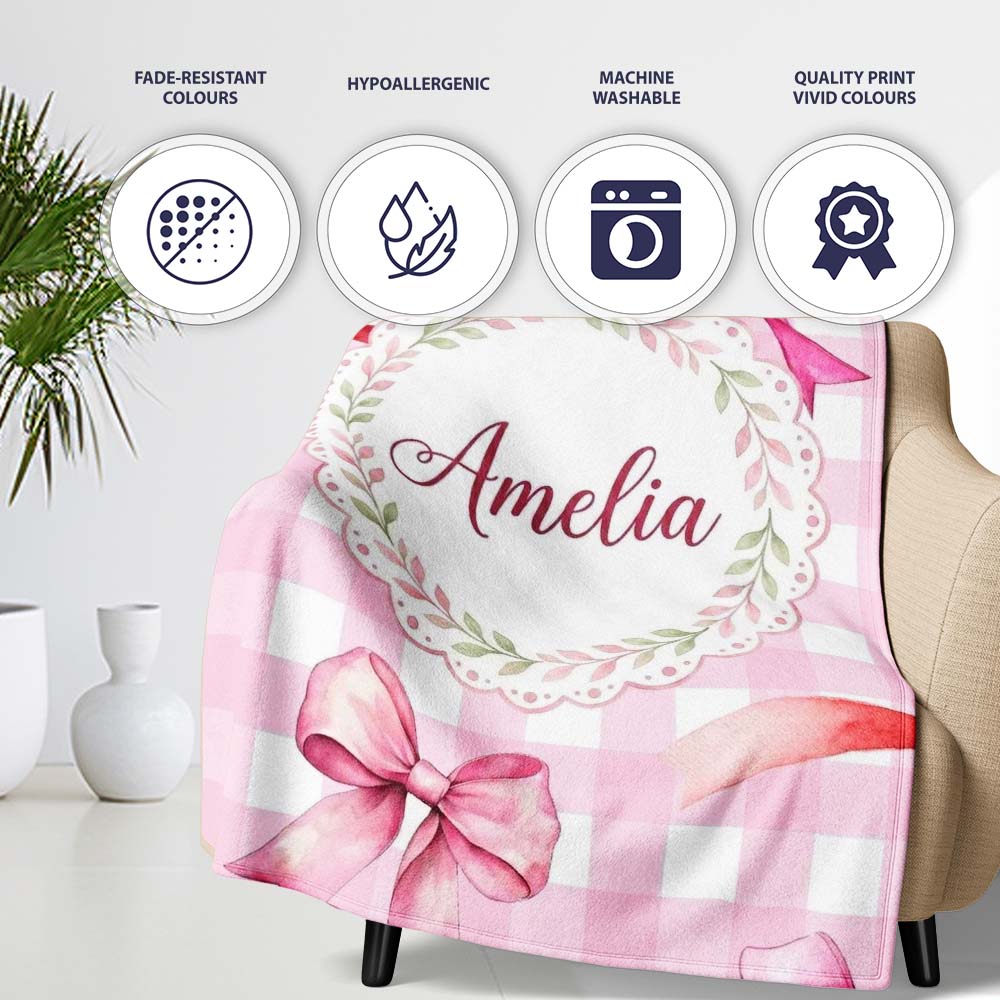 Watercolor Red and Pink Ribbon Bows Pink Gingham Check Background  Personalised Custom Name Super Soft Fleece Blanket Bed Sofa Throw