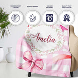 Watercolor Red and Pink Ribbon Bows Pink Gingham Check Background  Personalised Custom Name Super Soft Fleece Blanket Bed Sofa Throw