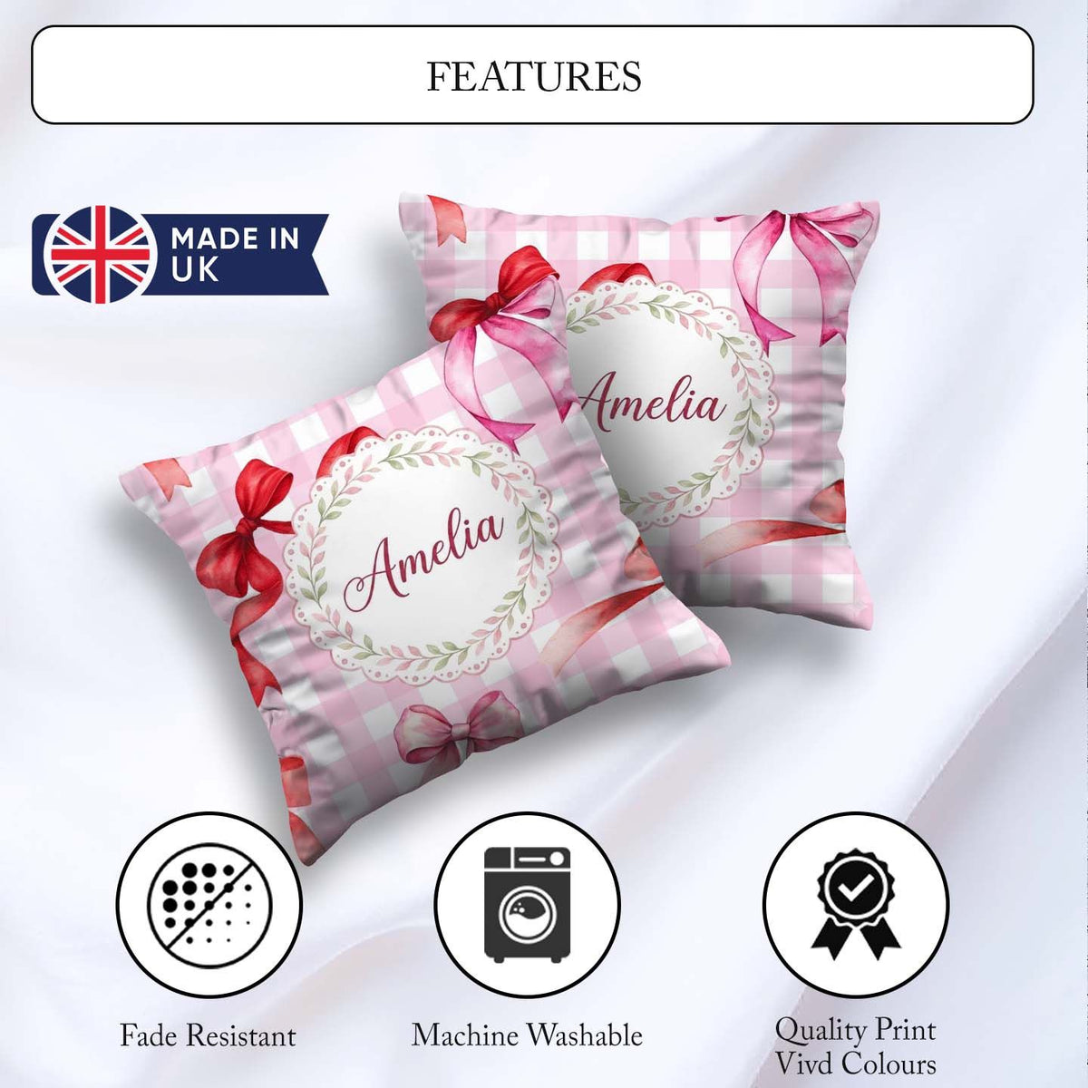 Custom Name Watercolor Red and Pink Bows Pink Gingham Background Square Filled Cushion Throw Pillow Sofa Bed Home Decor Zip Washable UK Made