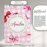 Watercolor Red and Pink Ribbon Bows Pink Gingham Check Background  Personalised Custom Name Super Soft Fleece Blanket Bed Sofa Throw