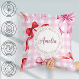 Custom Name Watercolor Red and Pink Bows Pink Gingham Background Square Filled Cushion Throw Pillow Sofa Bed Home Decor Zip Washable UK Made