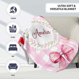 Watercolor Red and Pink Ribbon Bows Pink Gingham Check Background  Personalised Custom Name Super Soft Fleece Blanket Bed Sofa Throw