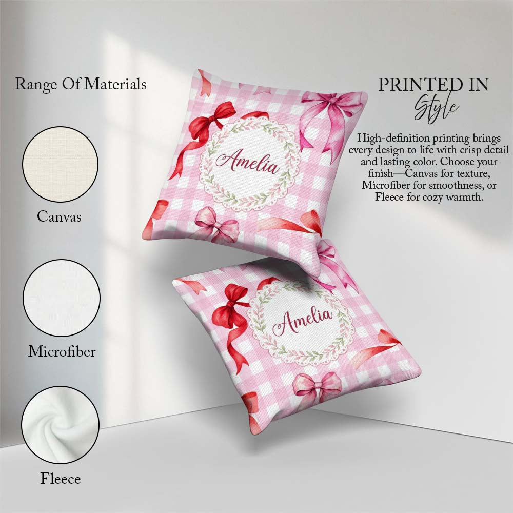 Custom Name Watercolor Red and Pink Bows Pink Gingham Background Square Filled Cushion Throw Pillow Sofa Bed Home Decor Zip Washable UK Made