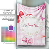 Watercolor Red and Pink Ribbon Bows Pink Gingham Check Background  Personalised Custom Name Super Soft Fleece Blanket Bed Sofa Throw