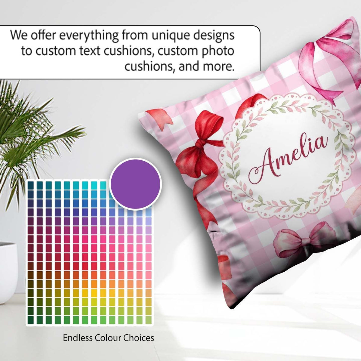 Custom Name Watercolor Red and Pink Bows Pink Gingham Background Square Filled Cushion Throw Pillow Sofa Bed Home Decor Zip Washable UK Made