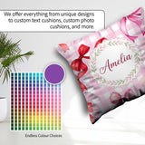 Custom Name Watercolor Red and Pink Bows Pink Gingham Background Square Filled Cushion Throw Pillow Sofa Bed Home Decor Zip Washable UK Made