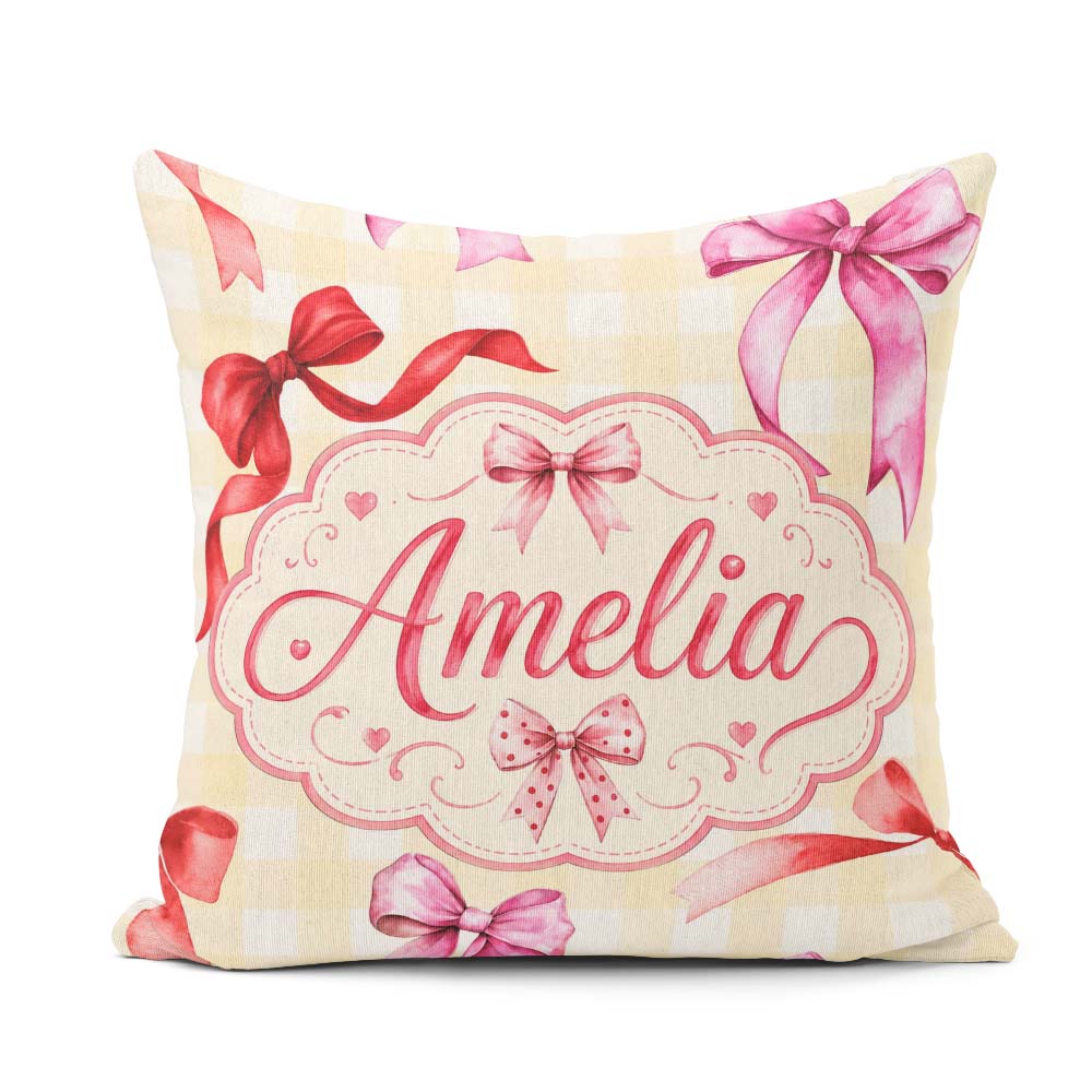 Custom Name Watercolor Red Pink Ribbon Bows Yellow Gingham Girly Square Filled Cushion Throw Pillow Sofa Bed Home Decor Zip Washable UK Made