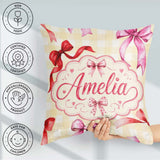 Custom Name Watercolor Red Pink Ribbon Bows Yellow Gingham Girly Square Filled Cushion Throw Pillow Sofa Bed Home Decor Zip Washable UK Made