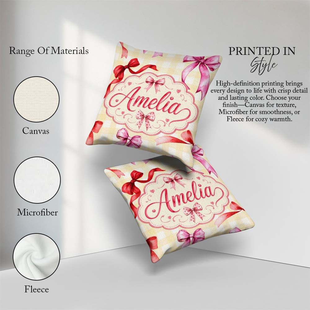 Custom Name Watercolor Red Pink Ribbon Bows Yellow Gingham Girly Square Filled Cushion Throw Pillow Sofa Bed Home Decor Zip Washable UK Made
