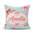 Custom Name Watercolor Red Pink Bows Mint Green Background Girly Square Filled Cushion Throw Pillow Sofa Bed Home Decor Zip Washable UK Made