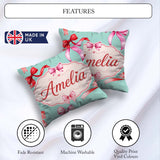 Custom Name Watercolor Red Pink Bows Mint Green Background Girly Square Filled Cushion Throw Pillow Sofa Bed Home Decor Zip Washable UK Made