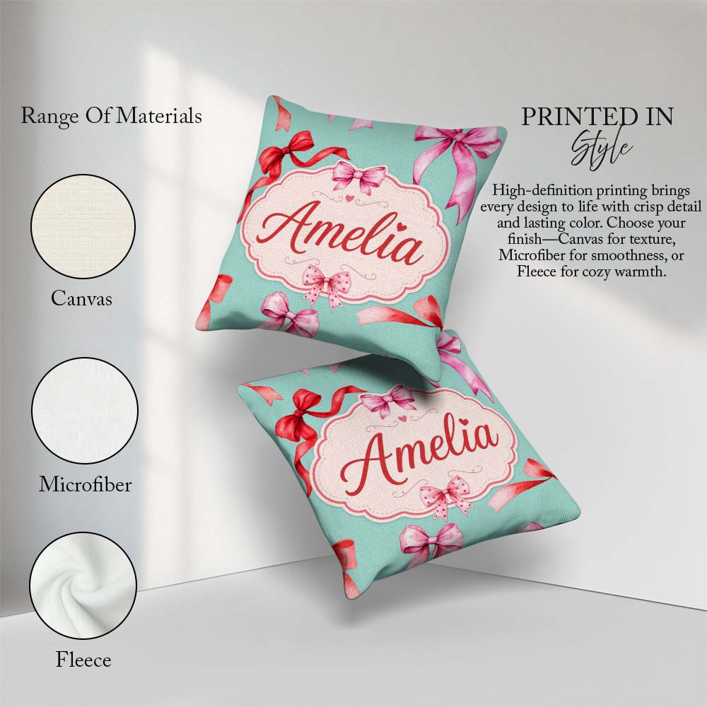 Custom Name Watercolor Red Pink Bows Mint Green Background Girly Square Filled Cushion Throw Pillow Sofa Bed Home Decor Zip Washable UK Made