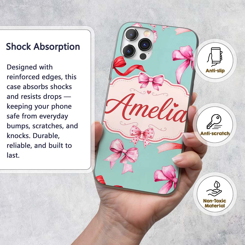 Watercolor Red Pink Ribbon Bows Printed Design Custom Name Protective Phone Case Mobile Cover Durable Everyday Smartphone Shock Resistant