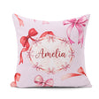 Custom Name Watercolor Red Pink Bows Soft Lilac Background Girly Square Filled Cushion Throw Pillow Sofa Bed Home Decor Zip Washable UK Made