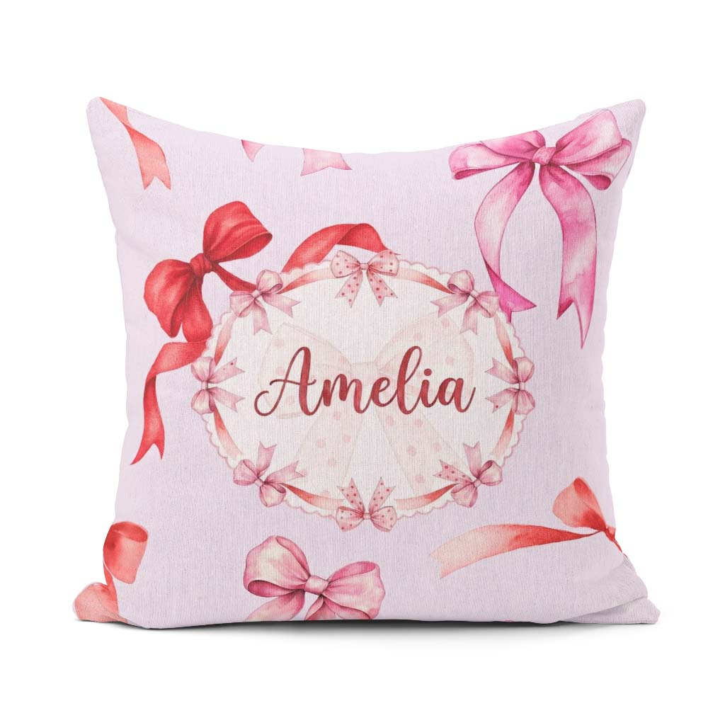 Custom Name Watercolor Red Pink Bows Soft Lilac Background Girly Square Filled Cushion Throw Pillow Sofa Bed Home Decor Zip Washable UK Made