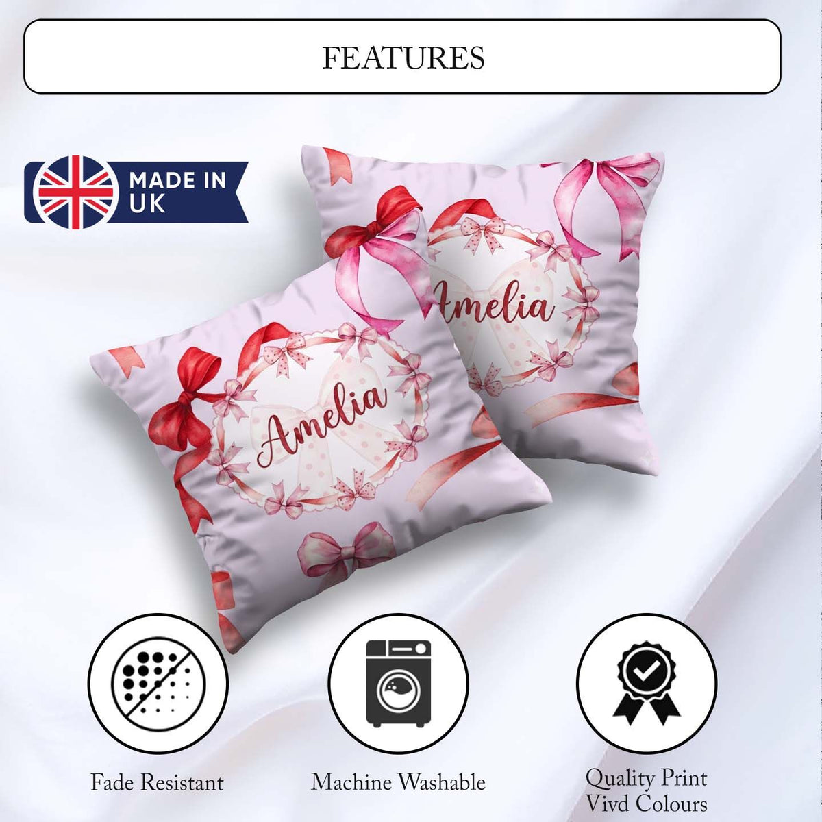 Custom Name Watercolor Red Pink Bows Soft Lilac Background Girly Square Filled Cushion Throw Pillow Sofa Bed Home Decor Zip Washable UK Made