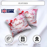 Custom Name Watercolor Red Pink Bows Soft Lilac Background Girly Square Filled Cushion Throw Pillow Sofa Bed Home Decor Zip Washable UK Made