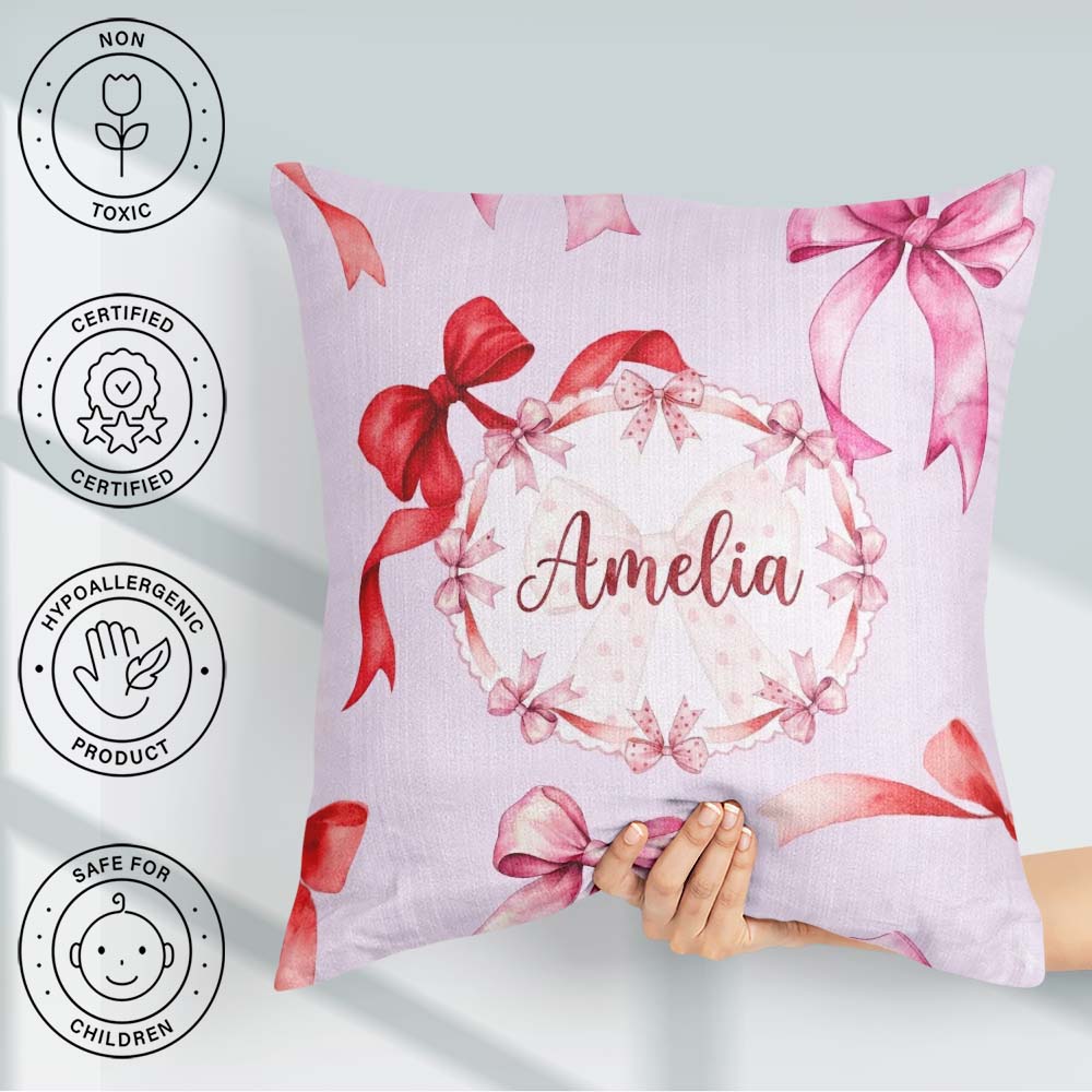 Custom Name Watercolor Red Pink Bows Soft Lilac Background Girly Square Filled Cushion Throw Pillow Sofa Bed Home Decor Zip Washable UK Made