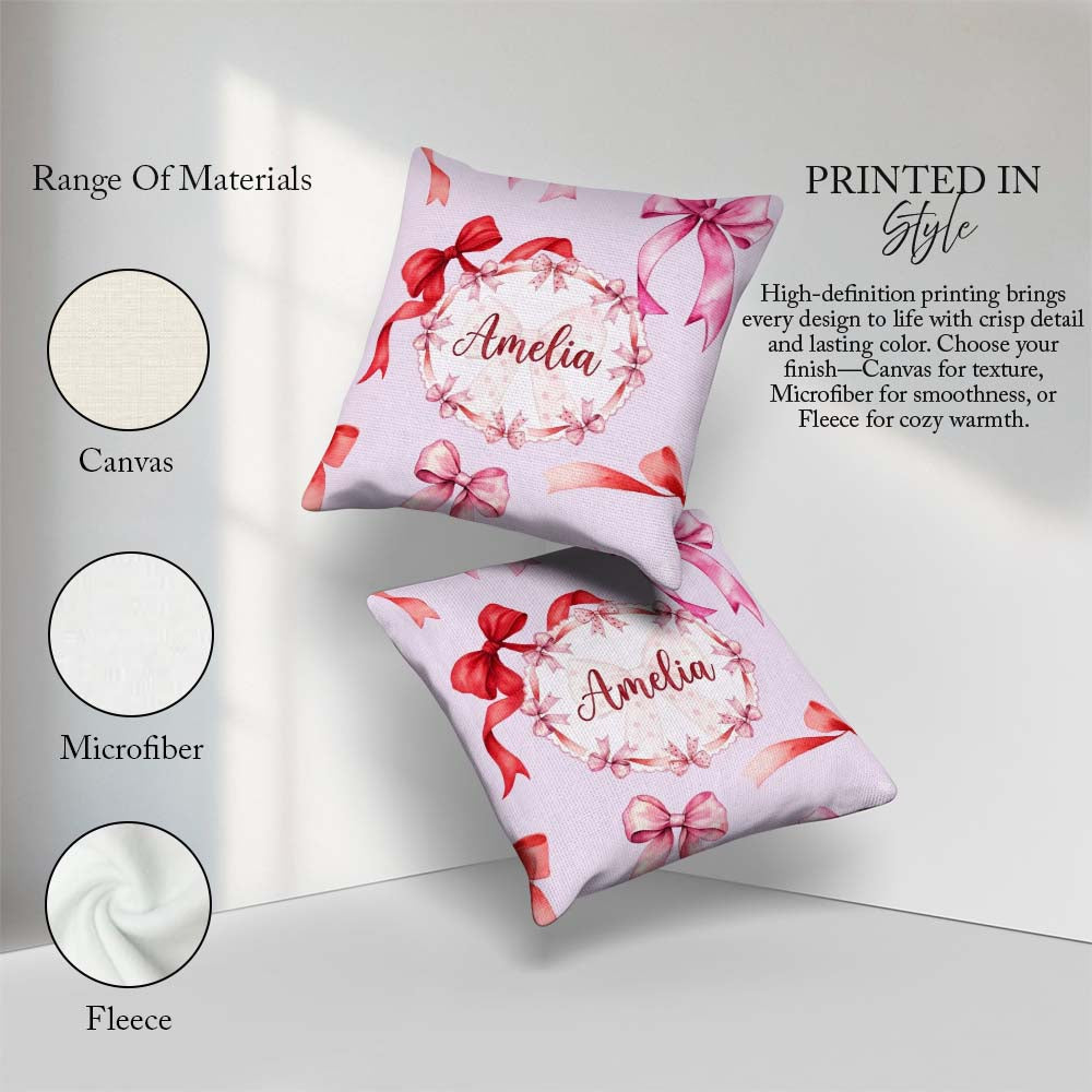 Custom Name Watercolor Red Pink Bows Soft Lilac Background Girly Square Filled Cushion Throw Pillow Sofa Bed Home Decor Zip Washable UK Made