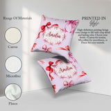 Custom Name Watercolor Red Pink Bows Soft Lilac Background Girly Square Filled Cushion Throw Pillow Sofa Bed Home Decor Zip Washable UK Made