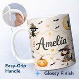 Personalized Custom Name Halloween Witch Cat Moon Stars Spooky Night Beige Seamless Pattern 11oz Ceramic Coffee Tea Mug White Large Handle